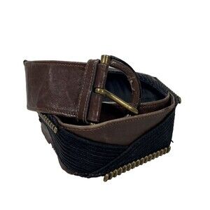 Vintage ESCADA Women's Brown Leather Belt Gold Accents Black Gladiator Steampunk